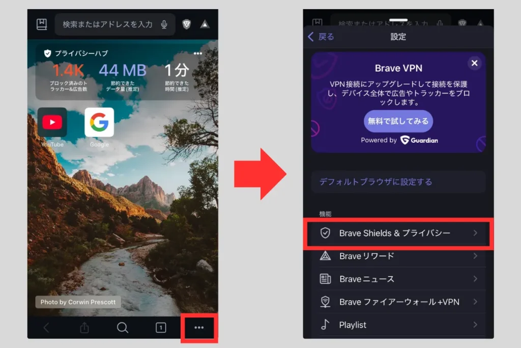 Brave設定画面でShields & プライバシーを選択