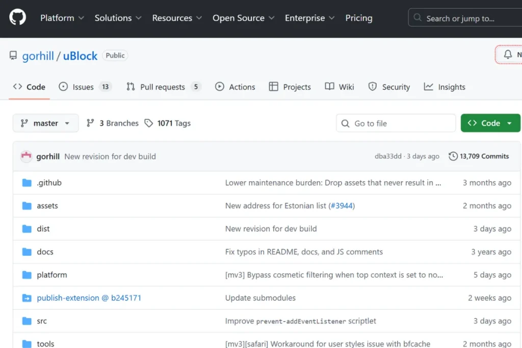 uBlock OriginのGitHubソースコード画面